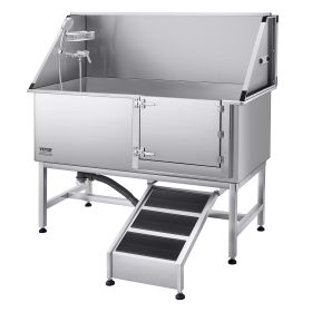 Stainless Steel Dog Washing Station, 62 inch Pet Grooming Tub w/ Ramp, PE Water Filter Board