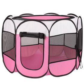 Portable Foldable Pet Playpen Exercise Pen Kennel Removable Zipper Top and Bottom Water Resistant Indoor Outdoor Use For Dogs Cats Other Pets (Color: PINK)